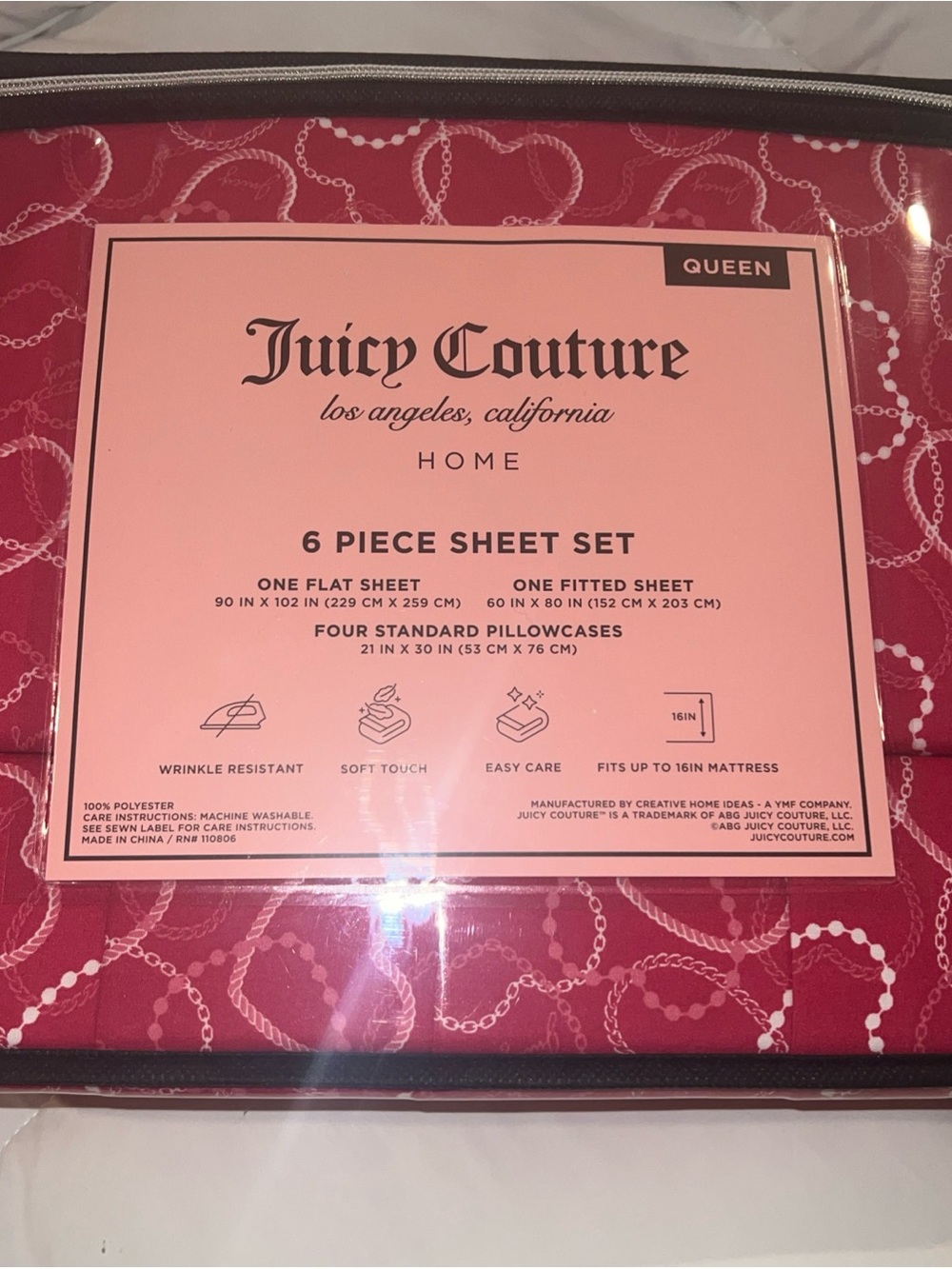 Juicy Couture 6 Piece Sheet Set  Queen Heart Motif Pink - Picture 2 of 2